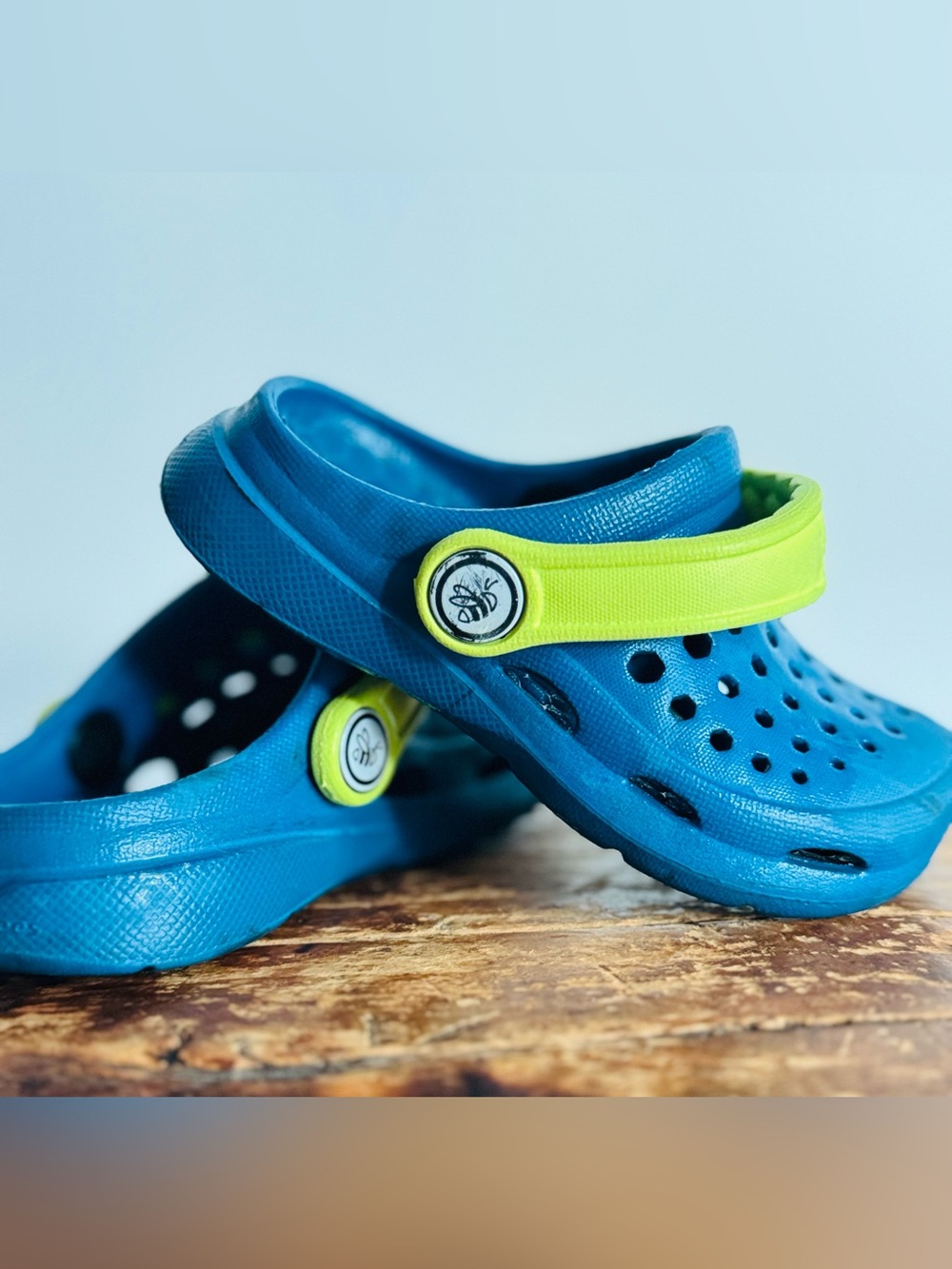 Kids Blue Clog Sandals with Neon Green Strap - Lightweight Play Shoes